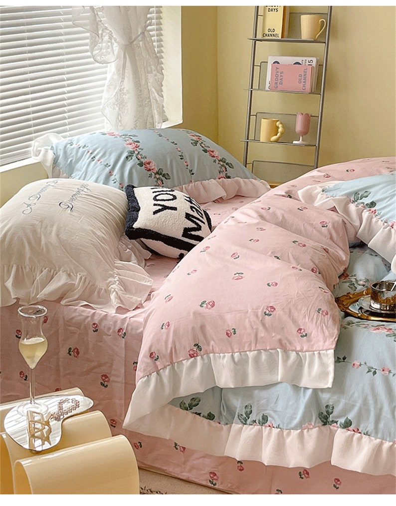 Rose Vine Duvet Cover Set Pink Blue Twin Full Queen King Etsy