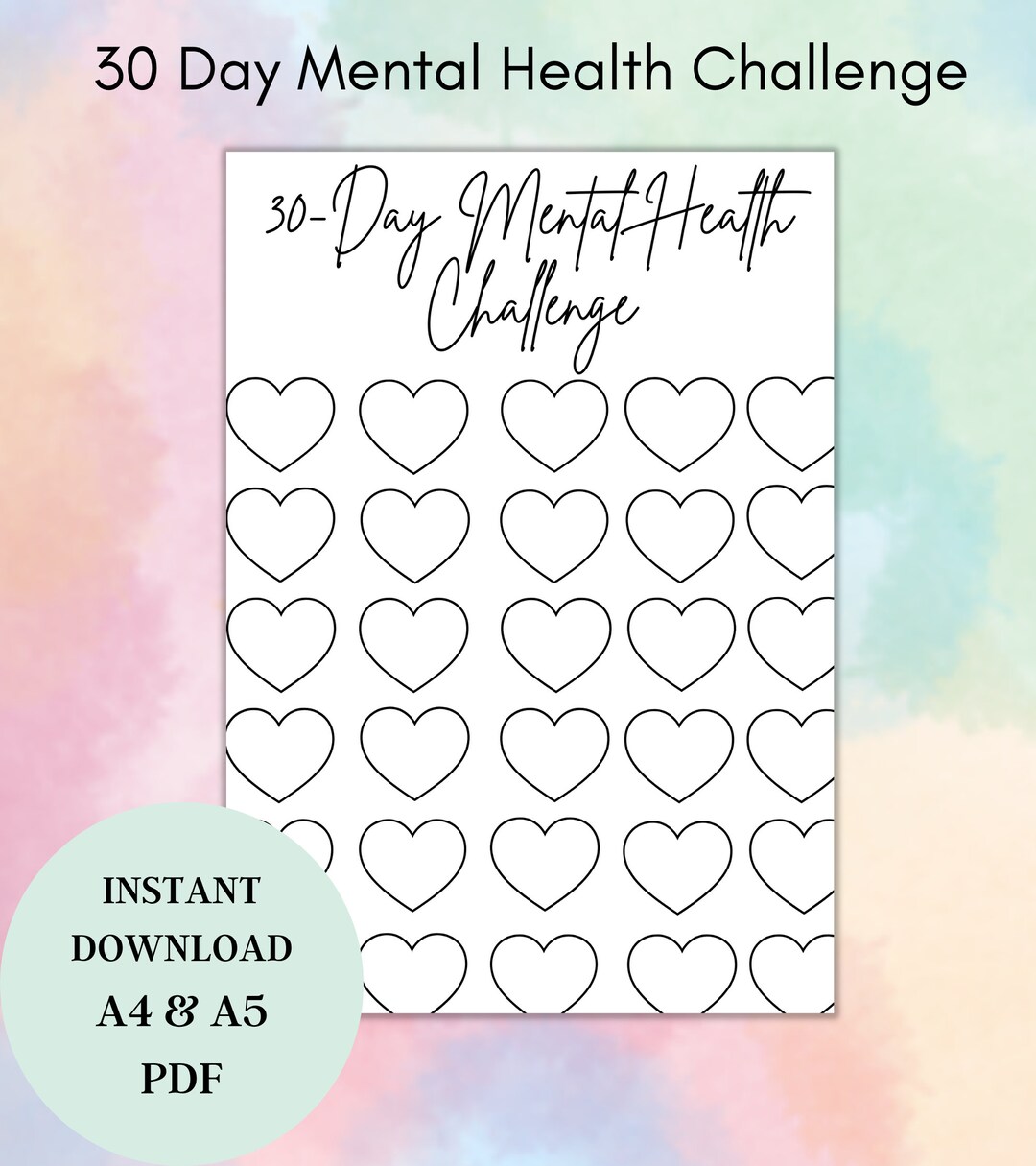 30 Day Mental Health Challenge Printable PDF A4 A5 Digital Download - Etsy