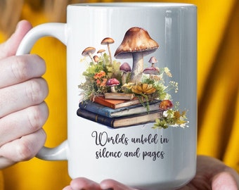 Cottagecore Mug | Mushroom Coffee Cup | Bookworm Drinkware | Literary Reader Aesthetic | Librarian Gift