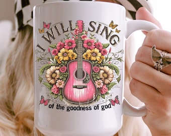 Boho Floral Mug | Christian Guitar Coffee Cup | Faith Inspired Music Drinkware | Worship Leader Gift | Botanical Artwork