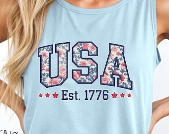 USA 1776 Tank Top | Retro Floral Graphic | Patriotic Summer Shirt