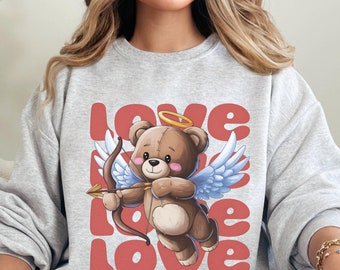 Retro Angel Bear Sweatshirt | 90s Valentine Pullover | Vintage Love Crewneck | Couples Soft Cotton Apparel | Casual Streetwear Top