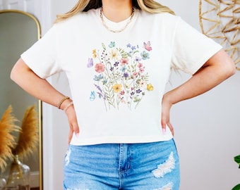 Wildflower Crop Top, Boho Floral Cotton Tee, Relaxed Summer Style