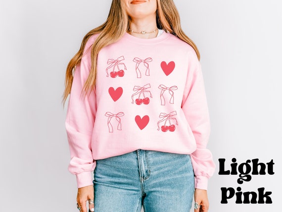 Soft Cherry Sweatshirt | Oversized Aesthetic Top | Doodle Graphic and Bow Design | Casual Wear Fashion Outfit | Cozy Winter Apparel