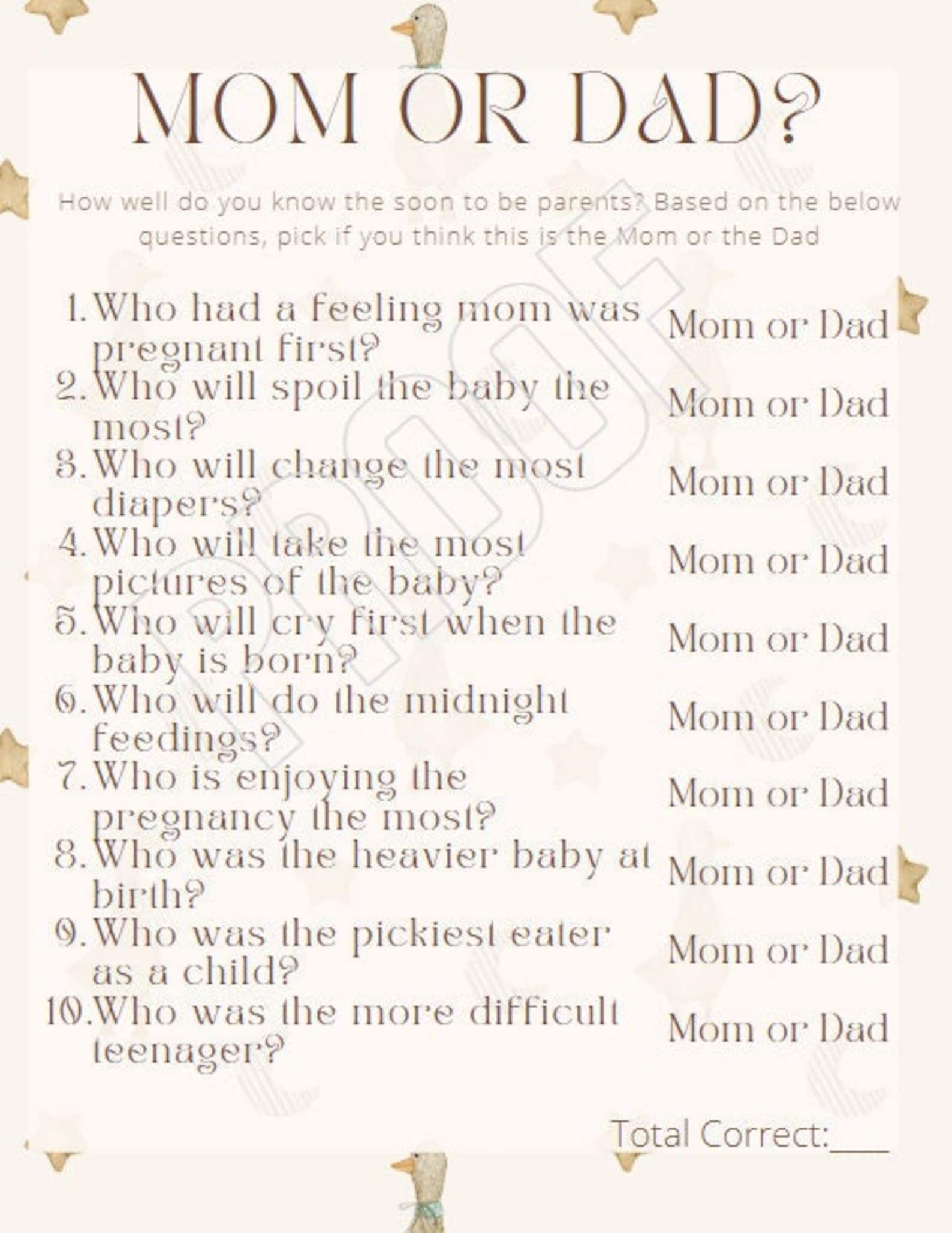 Mom or Dad - Baby Shower Game - Etsy