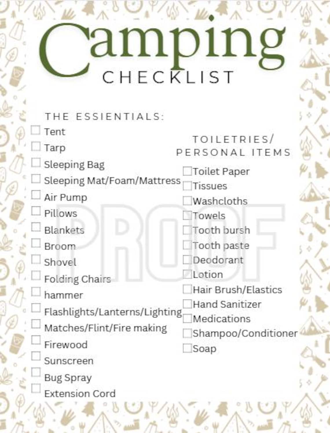 Printable Camping Checklist Packing Essentials Etsy