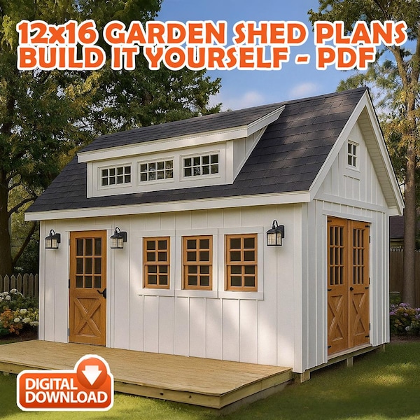 12x16 Garden Shed Plans With Loft (PDF) – Workshop & Storage Shed with Double Doors, Shed Blueprints with Materials List