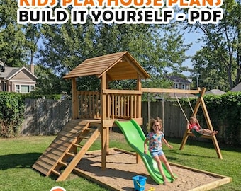 May include: Wooden kids' playhouse with a green slide, swing set, and a sandbox. The image includes the text "KIDS PLAYHOUSE PLANS BUILD IT YOURSELF - PDF" and a "DIGITAL DOWNLOAD" icon. Two children are playing on the playground.