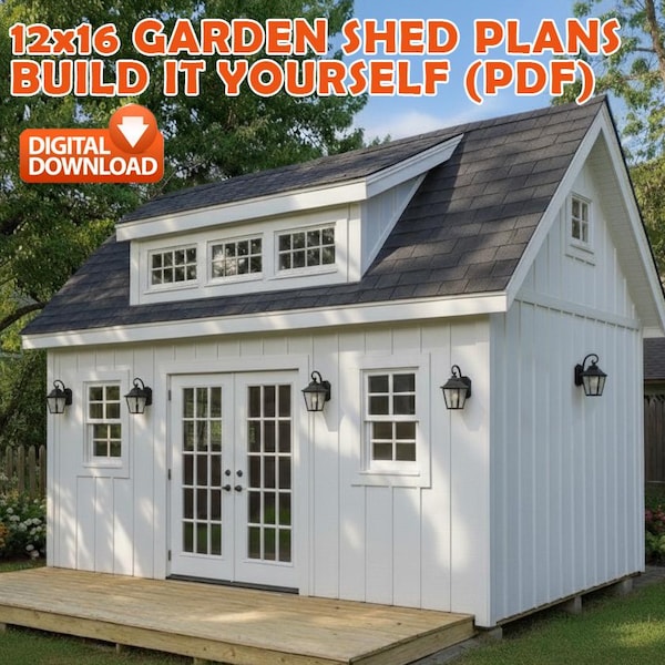 12x16 Garden Shed Plans With Loft (PDF) – Workshop & Storage Shed with Double Doors, Blueprints with Materials List and 2 Door Options