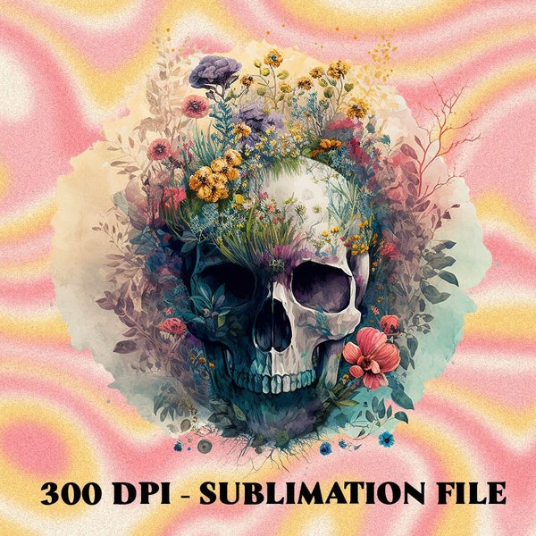 Colorful Floral Skull Png, Floral Skull Watercolor Png, Skull Flowers Png, Hippie Skull Watercolor Png, Floral Skull Sublimation Png Design