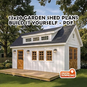 Ritningar för trädgårdsskjul 12x20 med loft (PDF) – Verkstads- och förrådsskjul med dubbeldörrar, ritningar för skjul med materiallista