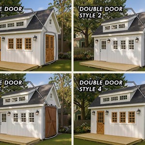 May include: A composite image showing four white shed designs with dark shingled roofs and dormer windows. Each shed features a wooden deck and distinct double door styles labeled 1 through 4, including wood-toned and white door variations.