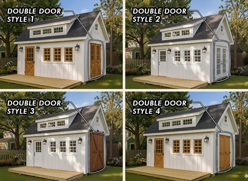May include: A composite image showing four white shed designs with dark shingled roofs and dormer windows. Each shed features a wooden deck and distinct double door styles labeled 1 through 4, including wood-toned and white door variations.