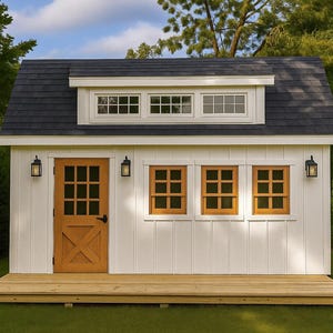 May include: A white shed with vertical siding, a dark gray shingled roof, and a wooden deck. It features a brown door with a window, three brown-framed windows, a dormer with three small windows, and three black outdoor wall-mounted lanterns.