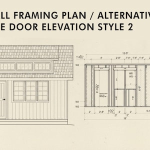 May include: A technical architectural drawing titled WALL FRAMING PLAN / ALTERNATIVE SIDE DOOR ELEVATION STYLE 2. It displays a building exterior with a door and windows alongside a detailed structural wall framing diagram with imperial measurements.