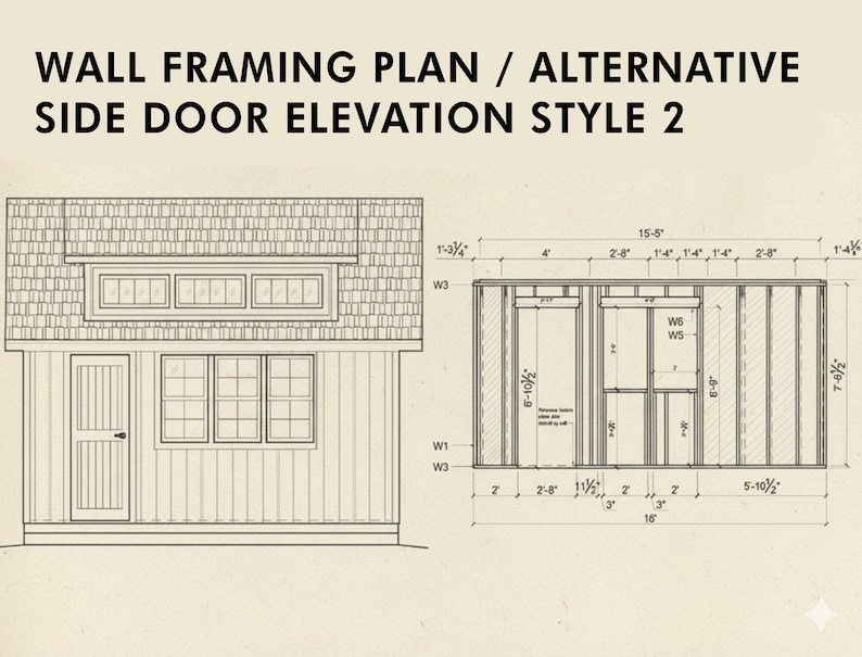 May include: A technical architectural drawing titled WALL FRAMING PLAN / ALTERNATIVE SIDE DOOR ELEVATION STYLE 2. It displays a building exterior with a door and windows alongside a detailed structural wall framing diagram with imperial measurements.