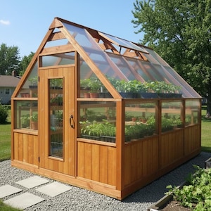 May include: A wooden greenhouse with a gabled roof and glass panels. The structure features a door, windows, and shelves filled with potted plants. The exterior is made of light brown wood, and it sits on a gravel base.