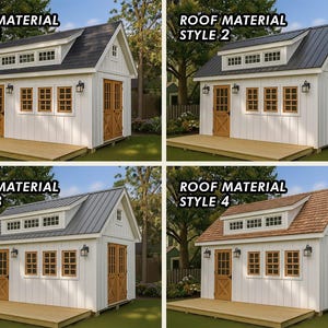May include: A composite image showing four white sheds with wooden doors and windows, each featuring a different roof material style labeled as Roof Material Style 1, 2, 3, and 4. The sheds have a dormer window, exterior wall lamps, and a deck.