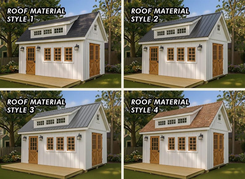 May include: A composite image showing four white sheds with wooden doors and windows, each featuring a different roof material style labeled as Roof Material Style 1, 2, 3, and 4. The sheds have a dormer window, exterior wall lamps, and a deck.
