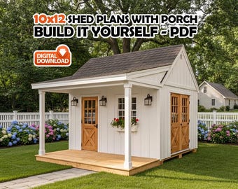 May include: A white shed with a porch, brown roof and wooden doors. The text "10x12 SHED PLANS WITH PORCH BUILD IT YOURSELF - PDF" is displayed at the top. A "DIGITAL DOWNLOAD" icon is in the upper left corner. The shed is surrounded by green grass and colourful flowers.