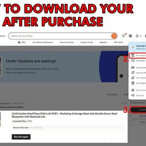 May include: An instructional graphic titled HOW TO DOWNLOAD YOUR FILES AFTER PURCHASE showing an Etsy account interface. It features numbered red circles and rectangles highlighting the profile icon, the Purchases and reviews menu, and the Download files button.