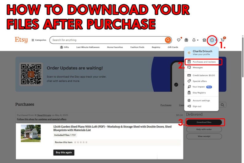 May include: An instructional graphic titled HOW TO DOWNLOAD YOUR FILES AFTER PURCHASE showing an Etsy account interface. It features numbered red circles and rectangles highlighting the profile icon, the Purchases and reviews menu, and the Download files button.