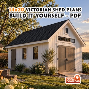 Könnte beinhalten: Ein digitaler Download von 14x20 viktorianischen Schuppenplänen mit weißem Äußeren, dunkelgrauem Schindeldach, Doppeltüren und mehreren Fenstern. Der Text 14x20 VICTORIAN SHED PLANS BUILD IT YOURSELF - PDF und DIGITAL DOWNLOAD ist sichtbar.