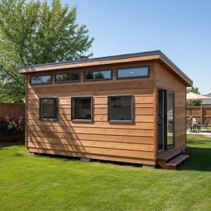 Könnte beinhalten: Ein modernes Holzhaus mit Flachdach und mehreren Fenstern. Das Haus hat eine natürliche Holzoberfläche und schwarze Fensterrahmen. Es steht auf einem grünen Rasen, mit einem Holzzaun und Bäumen im Hintergrund.
