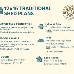 May include: A digital document titled 12x16 Traditional Shed Plans from DIYLABO. It lists construction specifications including materials, foundation, floor joists, wall framing, T-111 siding, roof rafters, door dimensions, and load ratings in imperial units.