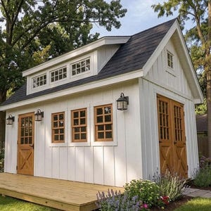 May include: A white shed with vertical siding, a dark shingled roof, and natural wood doors and window frames. The structure features a front wooden deck, multiple windows, and black exterior wall-mounted lanterns on the white facade.
