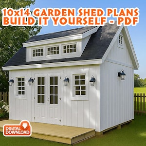 May include: A white garden shed with a dark shingled roof, a wooden deck, double doors, and multiple windows. The text 10x14 GARDEN SHED PLANS BUILD IT YOURSELF - PDF and a digital download icon are visible on the image of this structure.