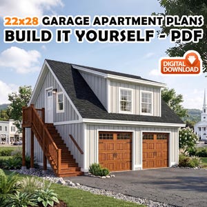 Puede incluir: Una descarga digital de planos de apartamento sobre garaje de 22x28 con revestimiento vertical gris claro, techo de tejas negras, dos puertas de garaje de madera marrón y una escalera exterior de madera que conduce a la entrada superior.