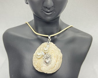 Necklace made of natural shell and artificial pearls. Unique gift