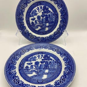 Antique W Adams & Sons Warranted Staffordshire Blue Willow  Plates set of 2 Circa 1891 ~ 1900