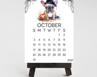 2027 Mini French Bulldog Calendar, Holiday & Seasonal Dog Design, 3 x4.5" Laminated Optional Wood Stand Easel, Cute Gift Dog Mom, Desk Decor