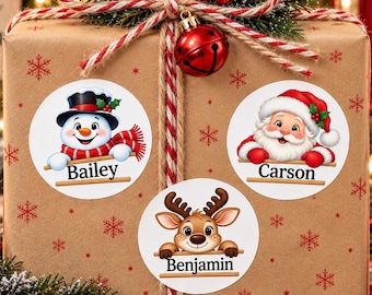 Personalized Christmas Name Labels, Kids Gift Stickers, Santa Snowman Reindeer Labels, Holiday Present Stickers, Custom Name Tags, 2" round