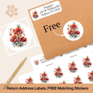 May include: Return address labels and matching stickers featuring watercolor poppies. The labels include the address "Poppies, 230 W Melissa Rd, Melissa TX 75454". The word "Free" is written on the envelope. A gold pen is in the image.