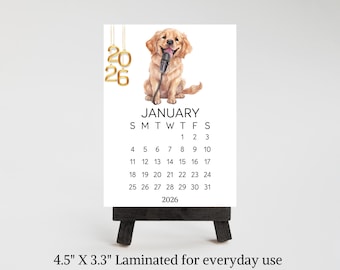 2027 Mini Golden Retriever Small Desk Calendar with Optional Wood Easel – 3.3" x 4.5"