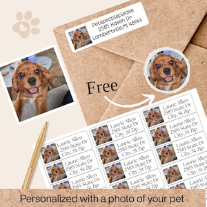 May include: Custom address labels featuring a photo of a Cavalier King Charles Spaniel. The labels include the name and address, with a matching image on the envelope. The text reads "Personalized with a photo of your pet."