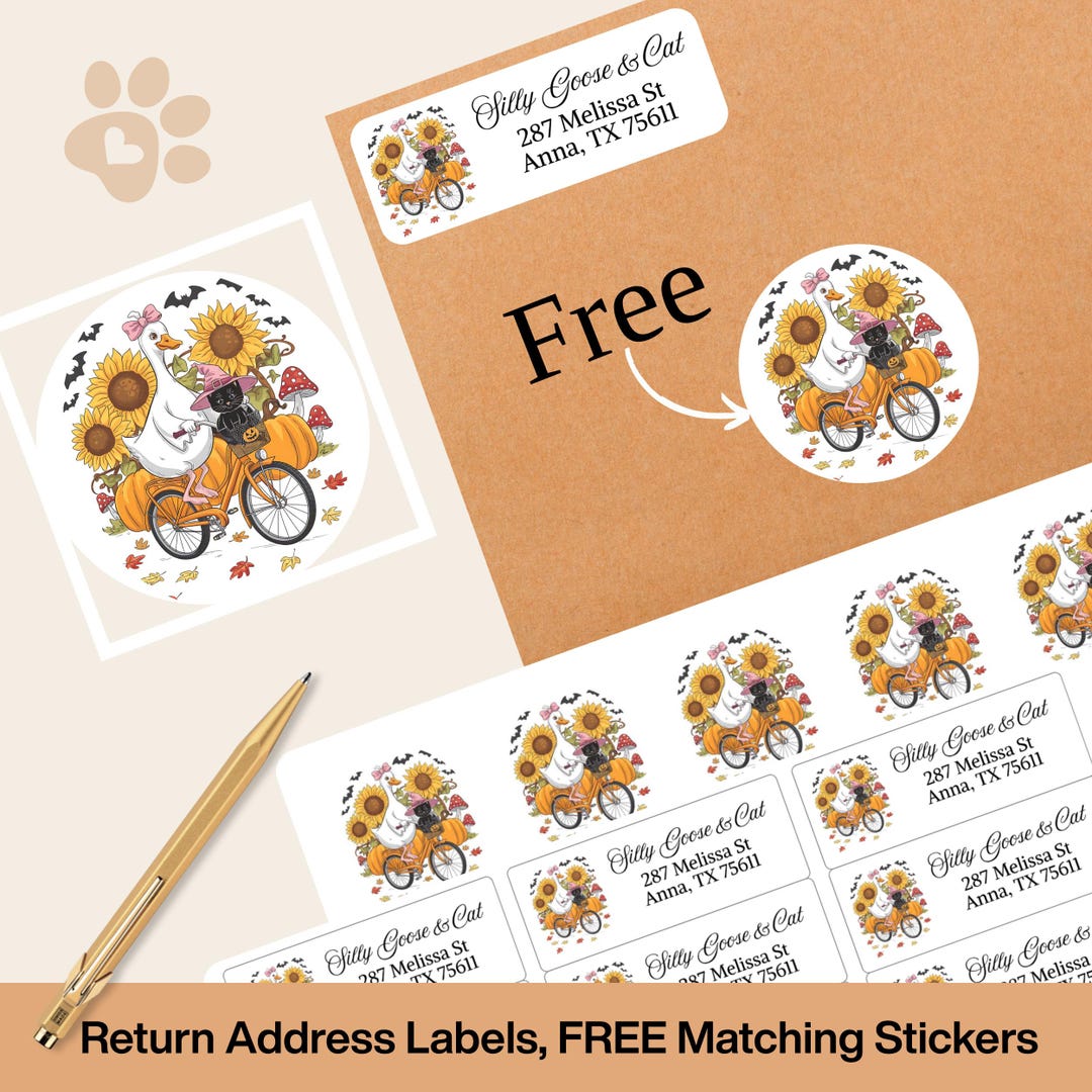 Funny Fall Address Labels: Silly Goose, Cat & Pumpkin Bicycle ...