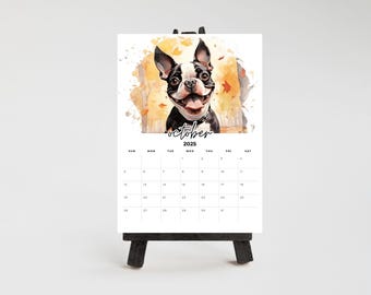 Calendario de escritorio Boston Terrier 2026 para oficinas pequeñas. Caballete de madera opcional. Un regalo ideal para los amantes de los Boston Terrier.
