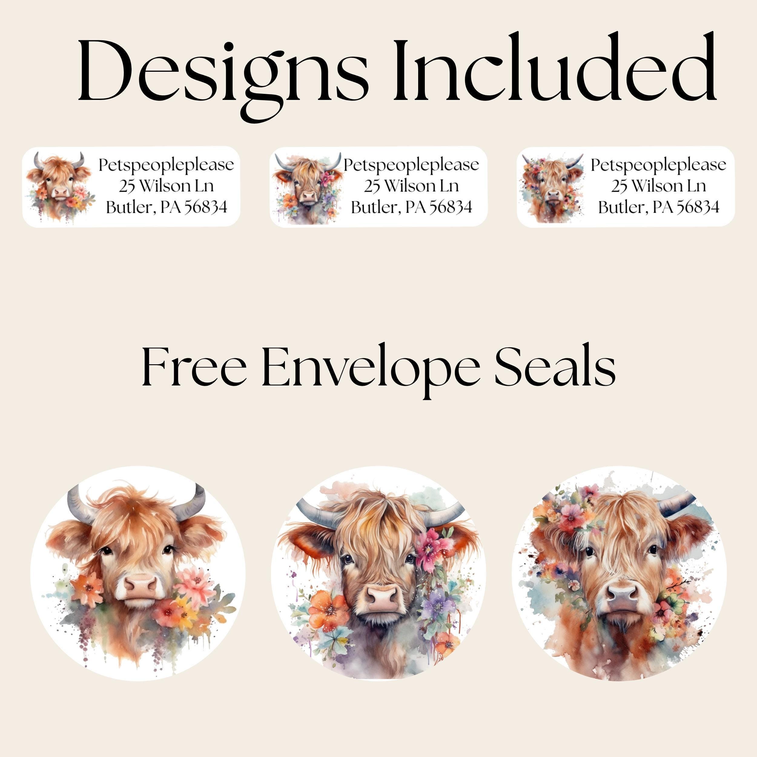 Label Design Add Cow Highland Cow Address Labels With FREE Stickers, Floral Cow Envelope ...