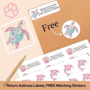 May include: A collection of return address labels and matching stickers featuring a watercolor sea turtle design with floral accents. The labels include the address "Summer by the Sea, 23 Windy Point Ln, Blue Shores, FL 89789". The word "Free" is also visible.