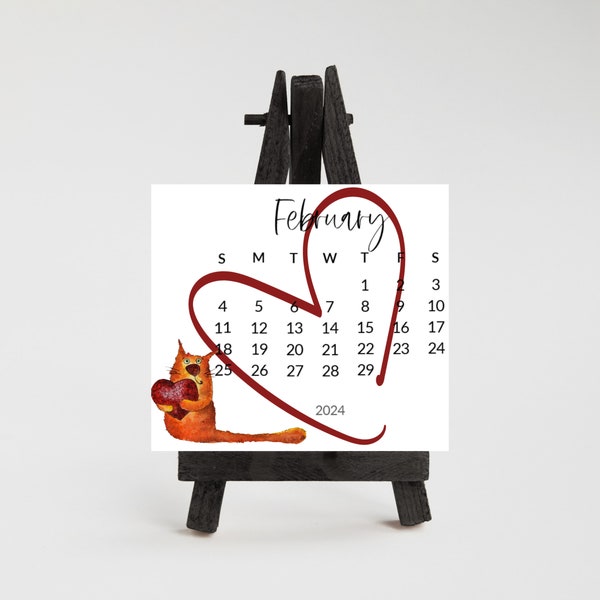 Silly cat small desk 2024 calendar -  Stand up mini calendar desktop or tabletop - small space calendar with wood stand/easel - Xmas gift