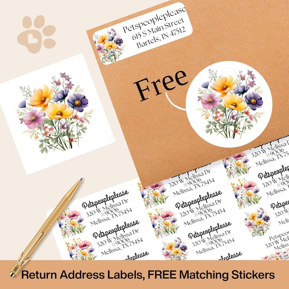 Wildflower Address Labels with FREE Envelope Stickers, Faded Floral Border, Personalized Mailing Labels Printed & Shipped to You, Botanical