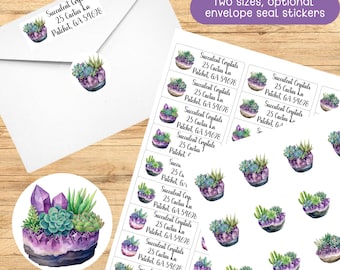 Return address sticker | Succulent pot with beautiful amethyst crystal cluster | Peel and stick Envelope Seal Stickers | envelope addressing