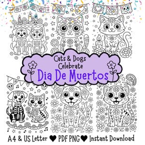 猫と犬の死者の日ぬり絵、シュガースカルのペットデザイン6点、PDF PNG、A4サイズ（USサイズ）、ハロウィンの死者の日アート、子供向けパーティーギフト