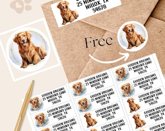 Golden Retriever Return Address Label Sheet, FREE Matching Envelope Seal Stickers, Personalized mailing Dog Mom Gift, Snail Mail Gift Set