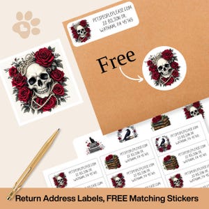 Gothic Skull Address Labels, Red Rose Return Mailing Stickers, FREE Matching Stickers, Dark Academia Art, Romantic Gothic Decor, Raven, Book