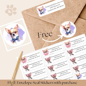 May include: A collection of envelope seal stickers featuring watercolor illustrations of a Chihuahua wearing a bow tie and glasses. The stickers are white with the Etsy shop's address printed on them. The word "Free" is also visible.